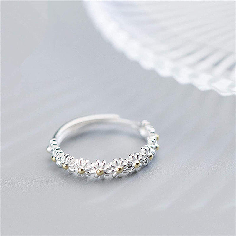 Bague ajustable et émail fait main avec des marguerites | Or blanc