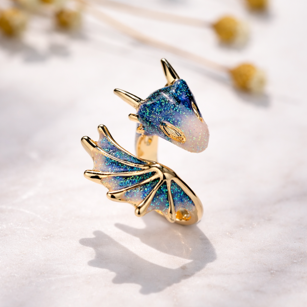 Bague dragon ajustable et émail fait main | Or blanc