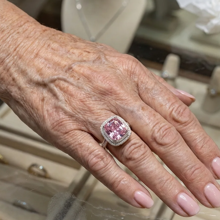 Pink cushion sapphire ring | White gold