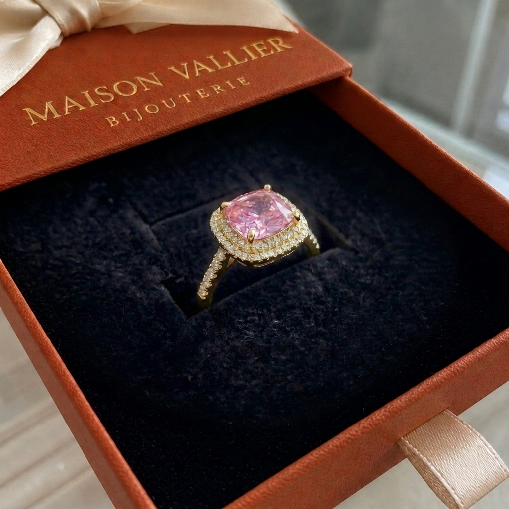 Pink cushion sapphire ring | White gold