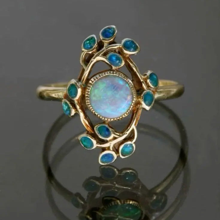 Bague rétro bleue avec cristaux et opale | Or