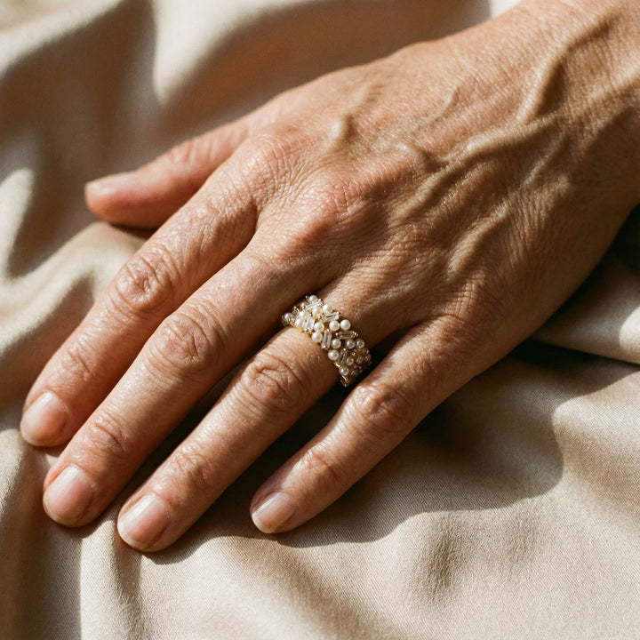 Bague rétro réglable avec perles et cristaux | Or