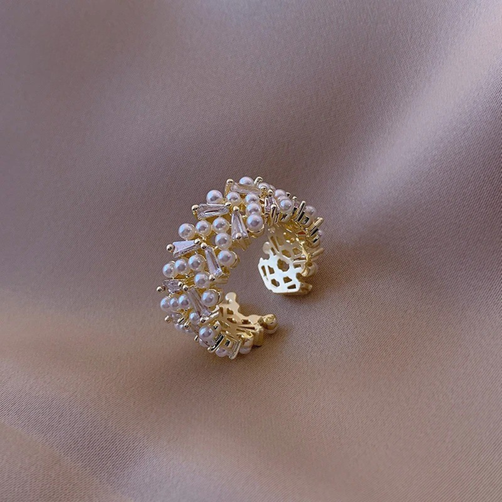 Bague rétro réglable avec perles et cristaux | Or