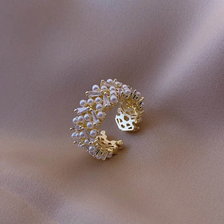 Bague rétro réglable avec perles et cristaux | Or