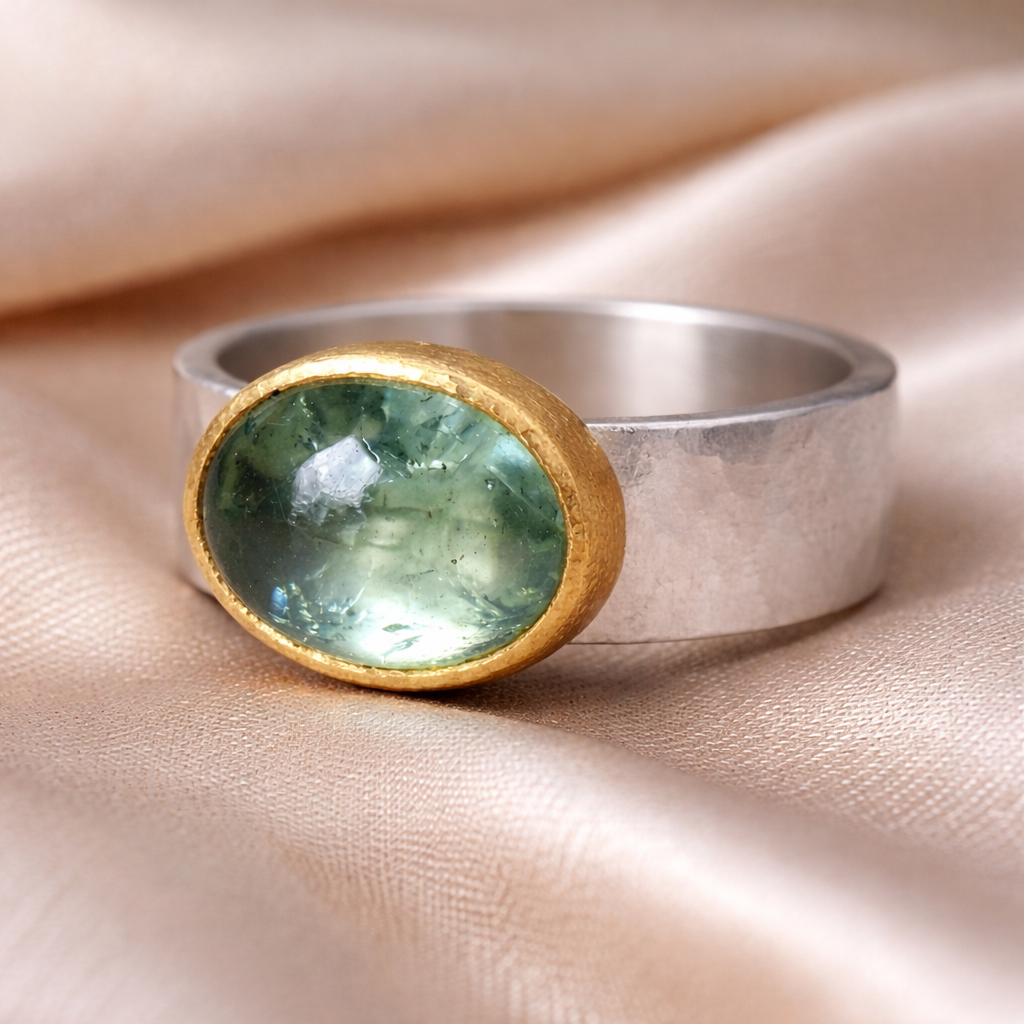 Bague rétro verte avec pierre ronde | Or