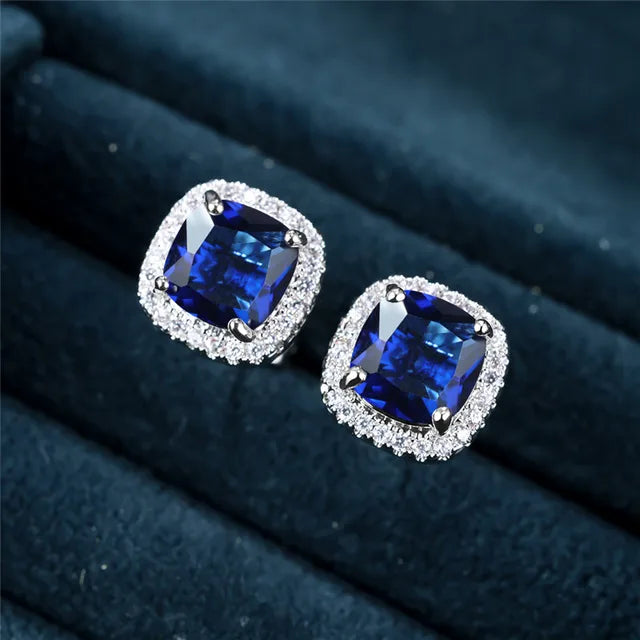 Square Sapphire Earrings | White Gold