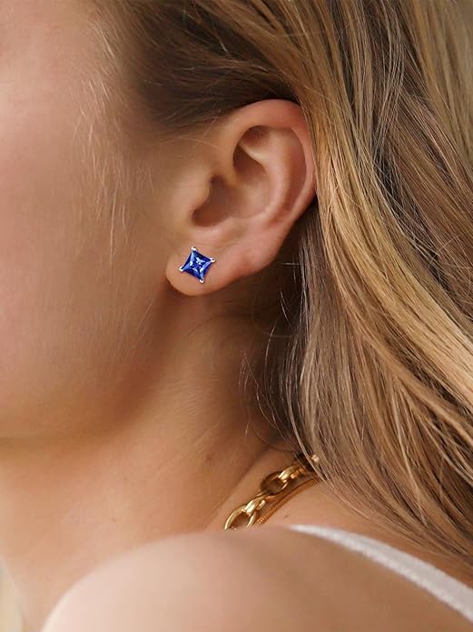 Minimalist Princess Cut Sapphire Earrings | White Gold
