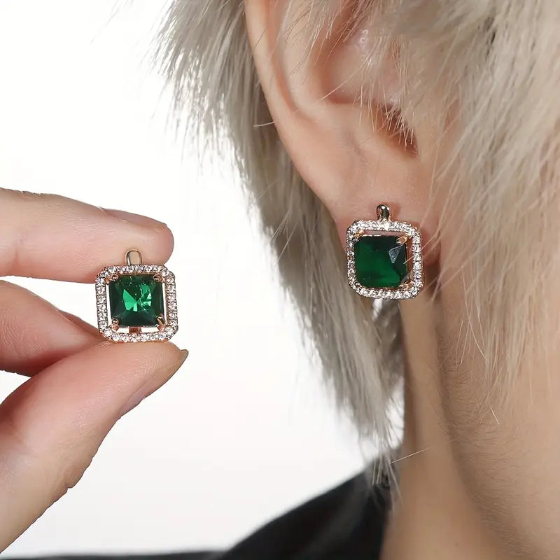 Square Green Gem Earrings | Gold
