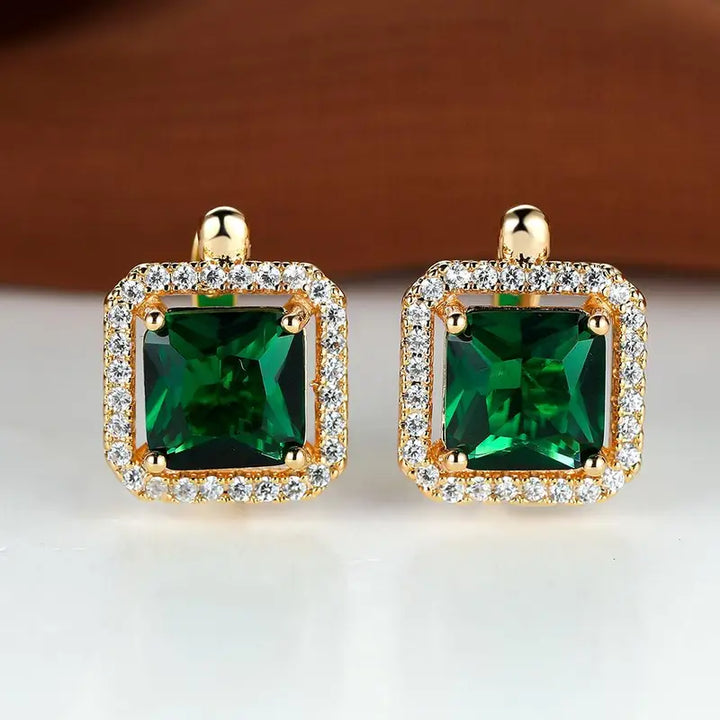 Square Green Gem Earrings | Gold