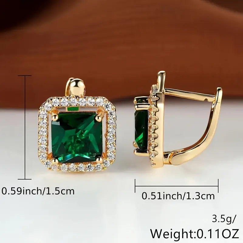 Square Green Gem Earrings | Gold