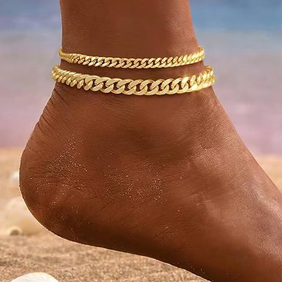 Layered Cuban Link Ankle Bracelet | Gold