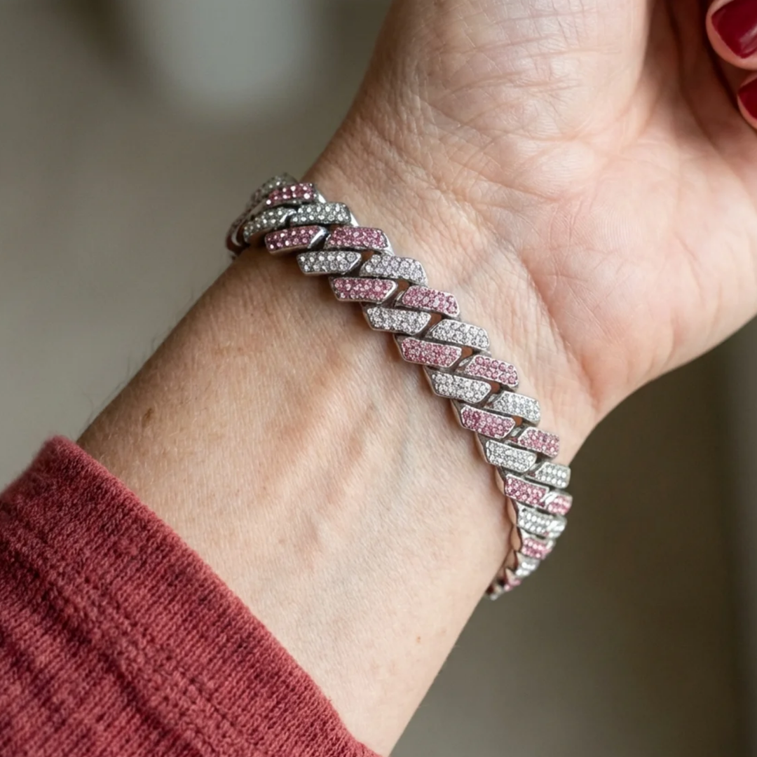 Glittery pink Cuban bracelet | White gold