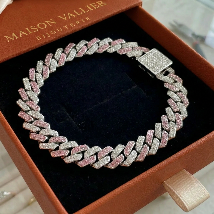 Glittery pink Cuban bracelet | White gold