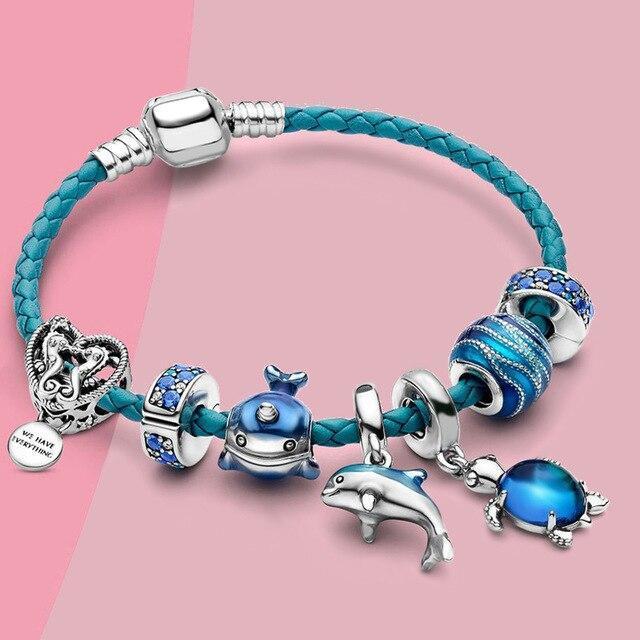 Bracelet océan en cuir avec pendentifs | Or blanc
