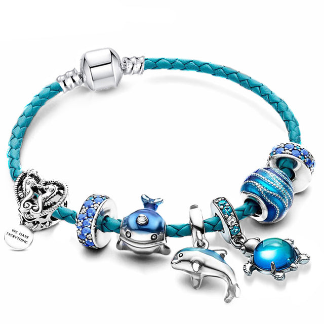 Bracelet océan en cuir avec pendentifs | Or blanc