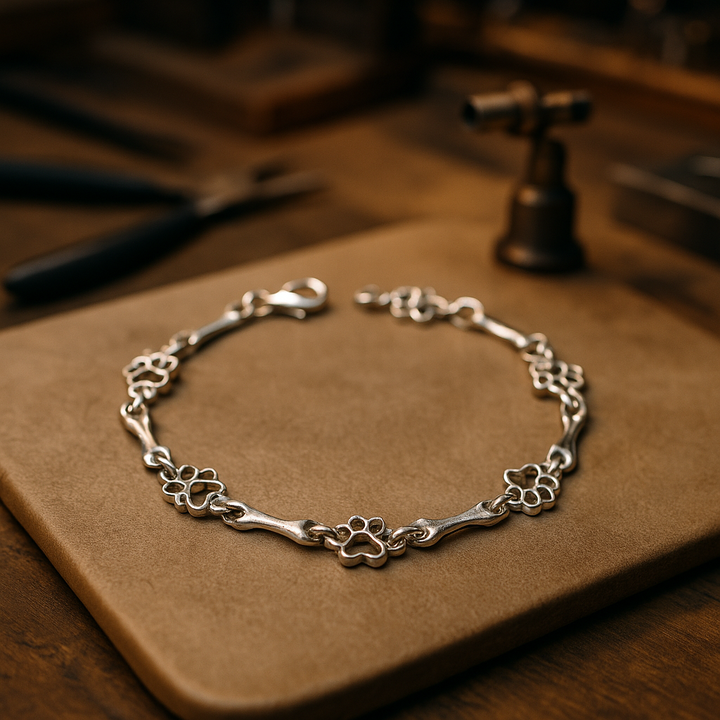 Bracelet avec pattes de chien et os, édition limitée | Or blanc
