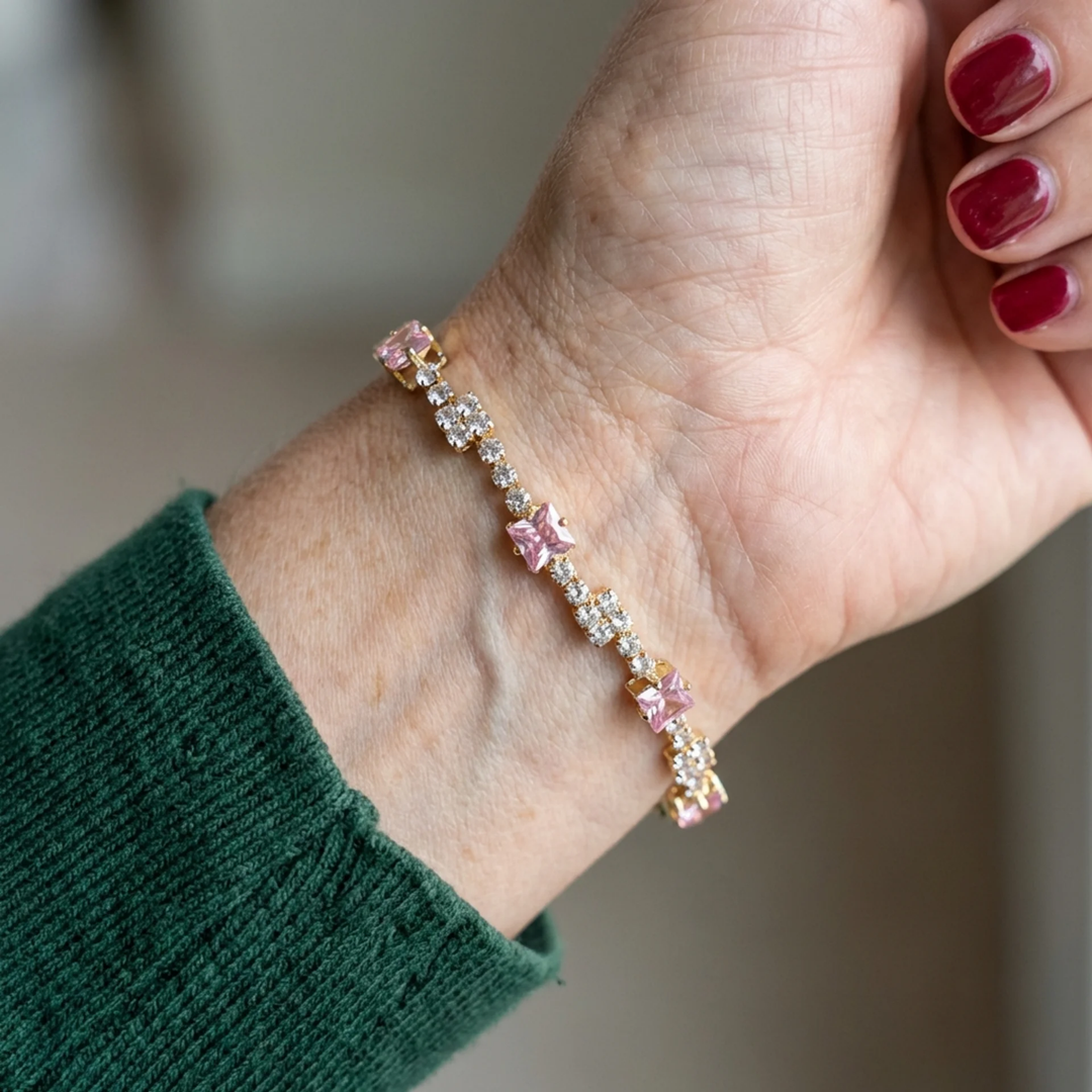 Square Pink Tennis Bracelet | Gold