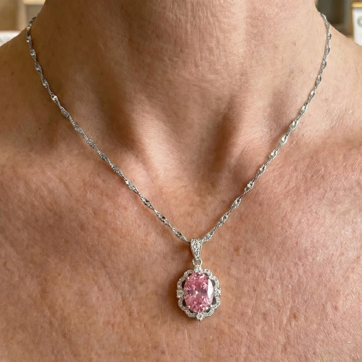 Oval Rose Halo Crown Necklace | White Gold
