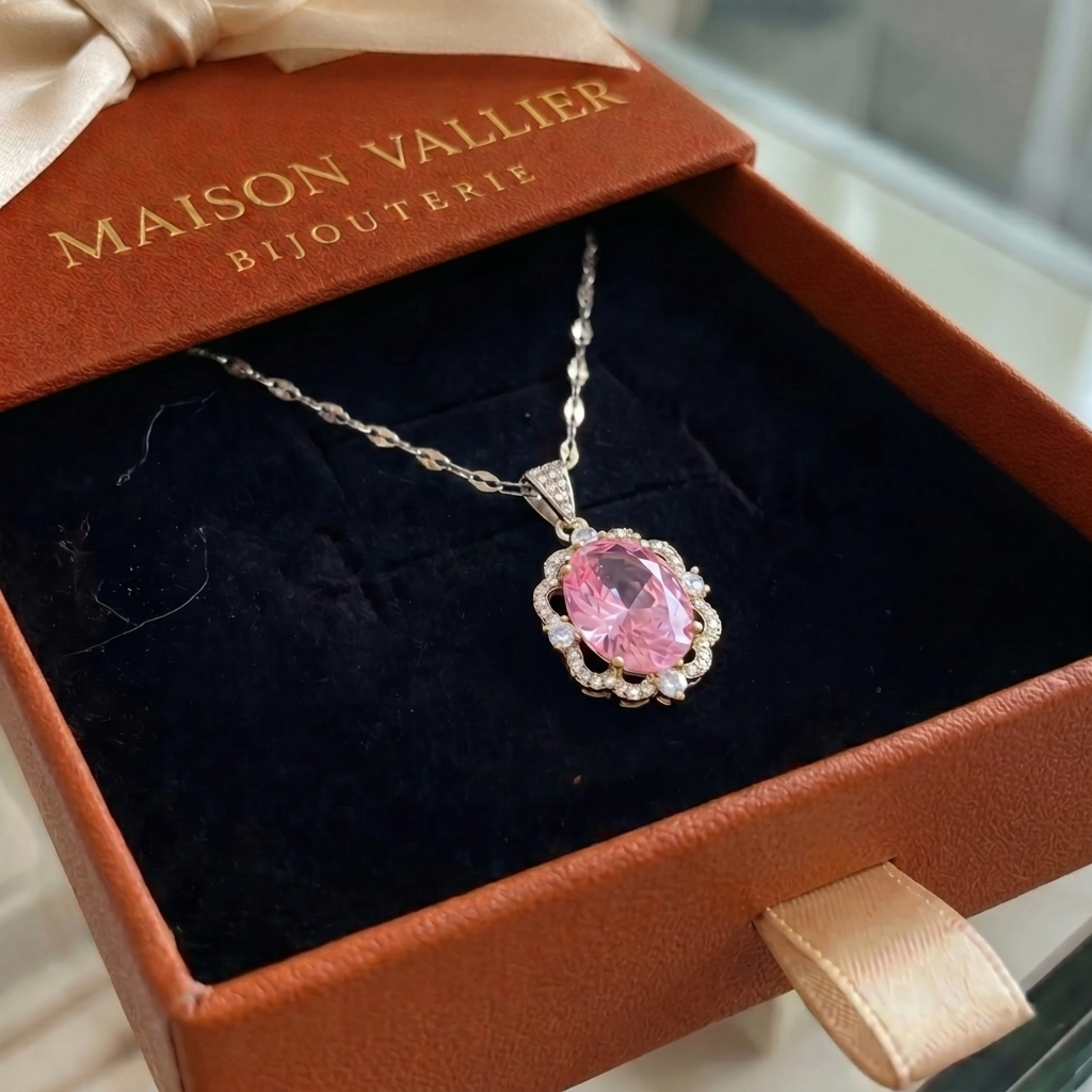 Oval Rose Halo Crown Necklace | White Gold