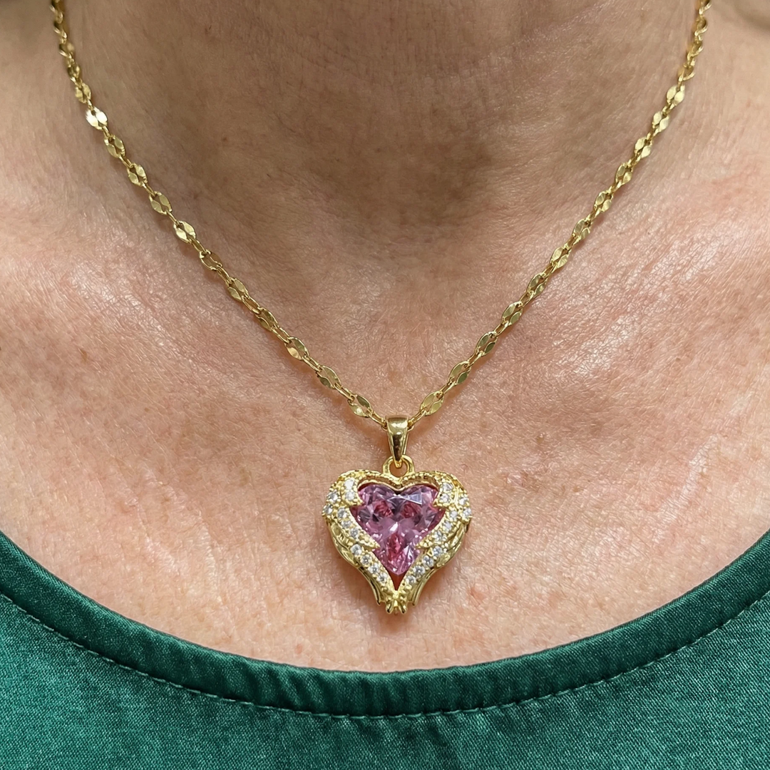 Angel Embrace Pink Heart Necklace | Gold