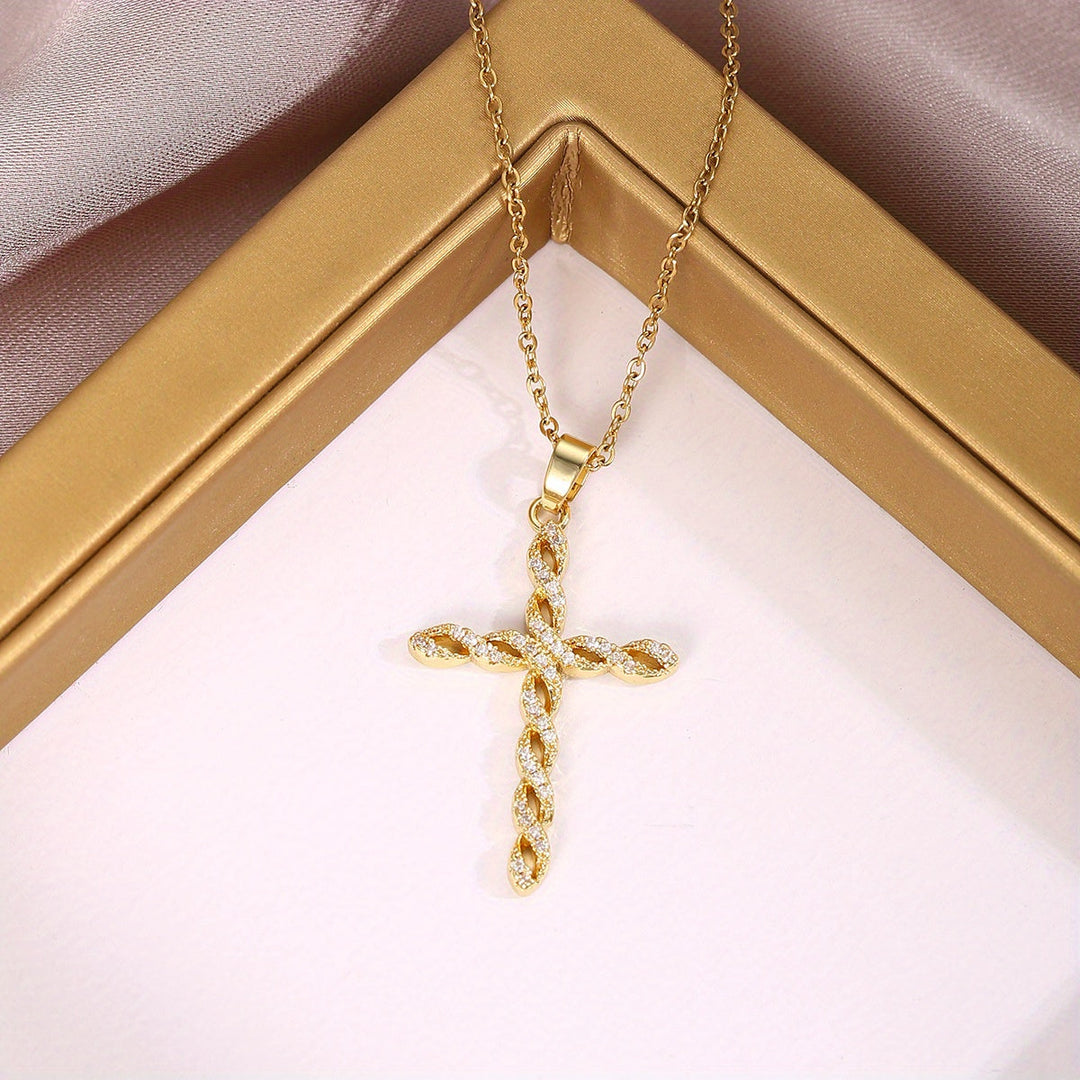 Twisted Cross Necklace in Crystal | Gold