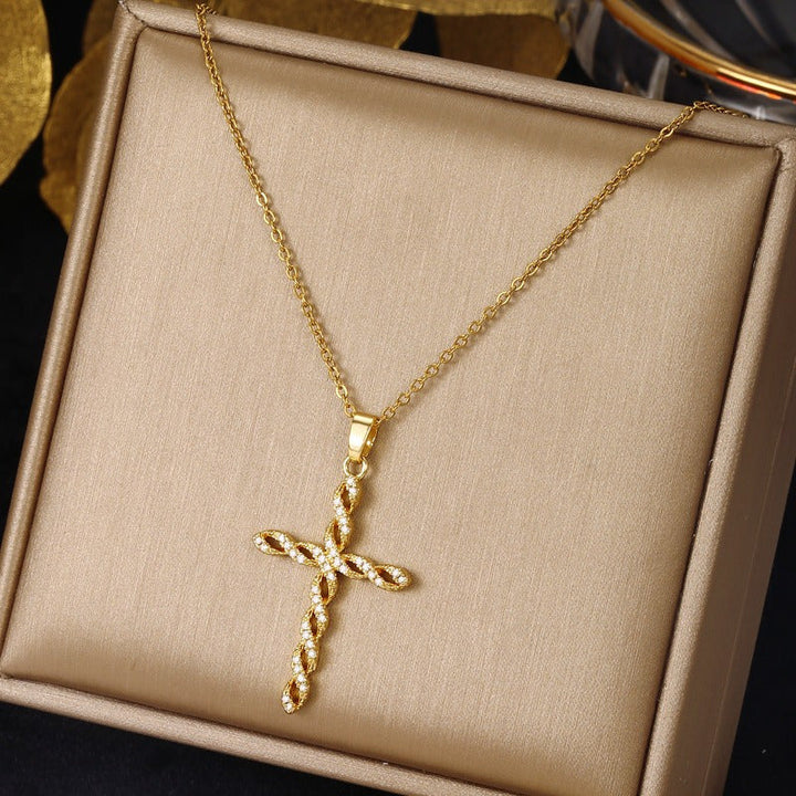 Twisted Cross Necklace in Crystal | Gold