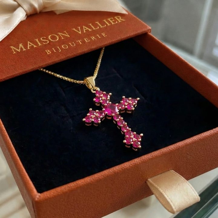 Crossed cluster necklace in pink | Gold