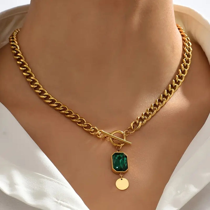 Thick emerald chain pendant necklace | Gold