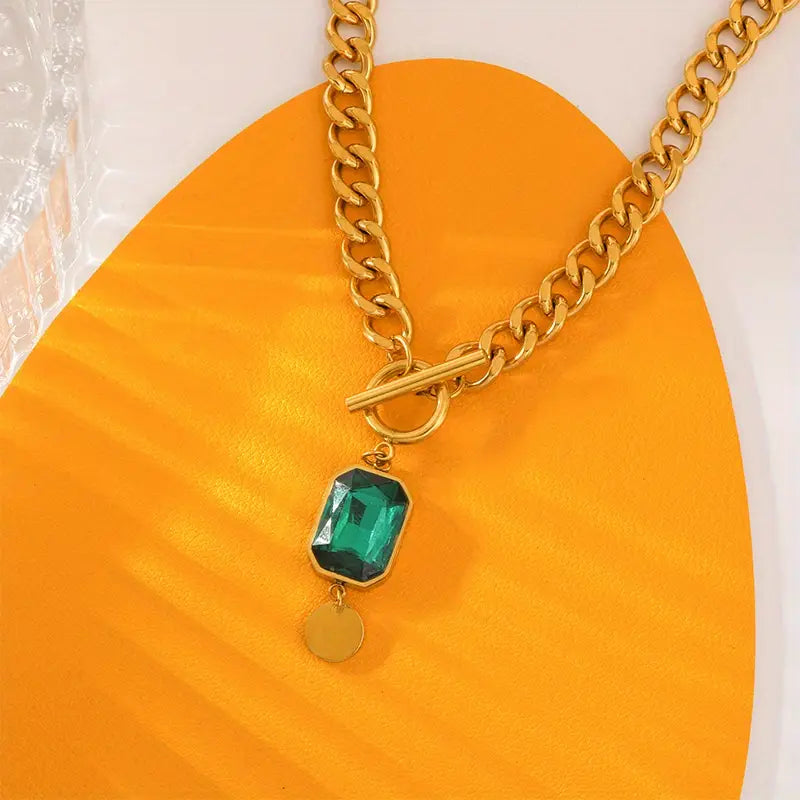 Thick emerald chain pendant necklace | Gold