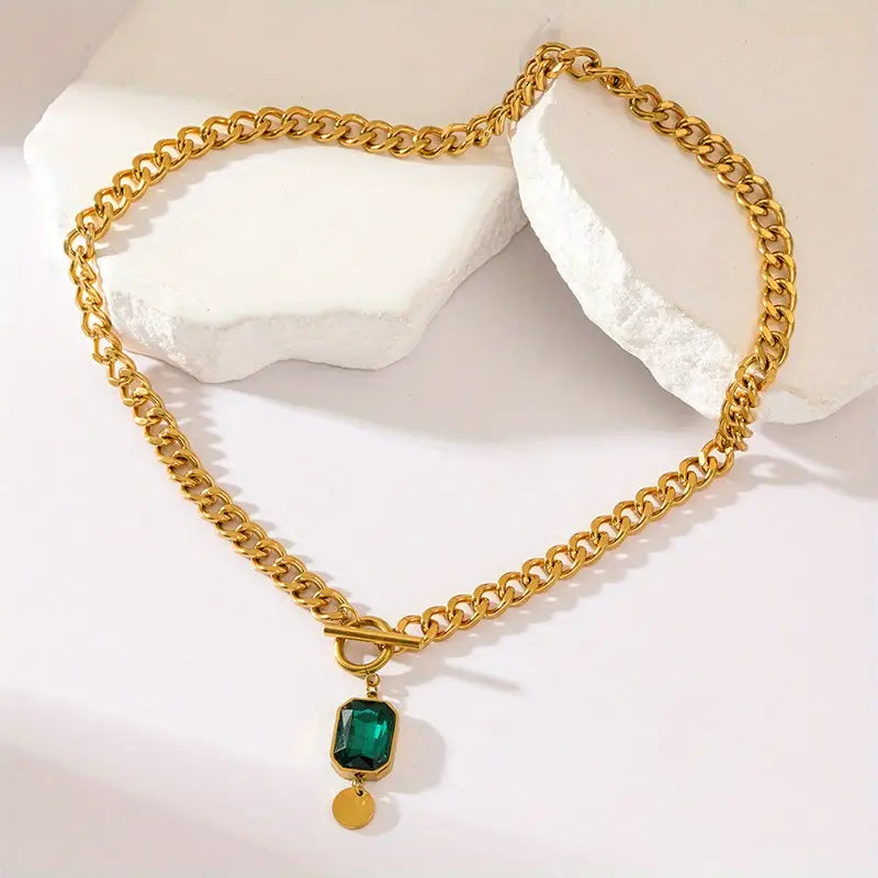 Thick emerald chain pendant necklace | Gold