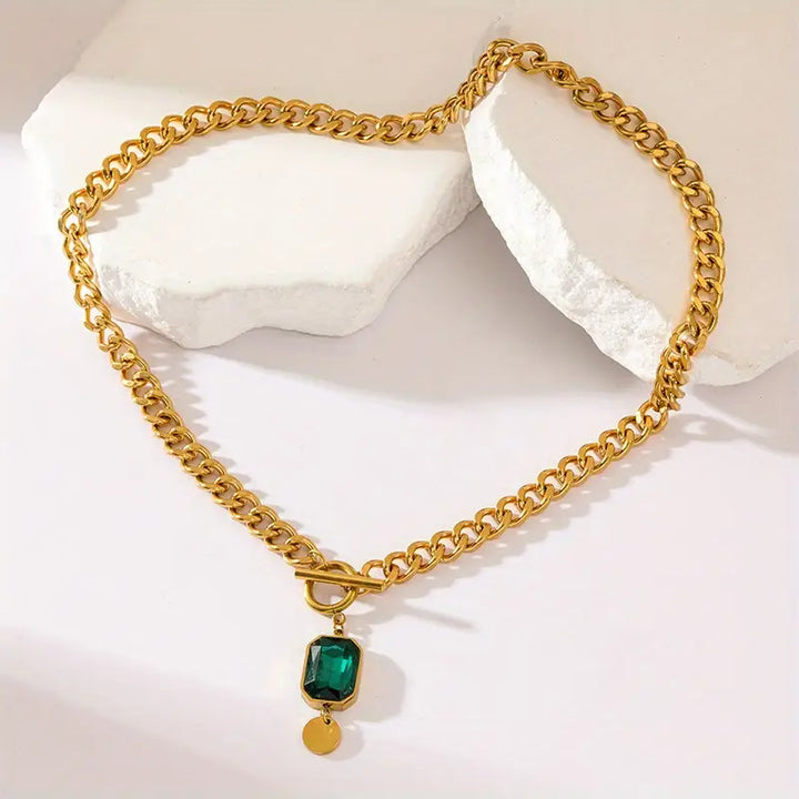 Thick emerald chain pendant necklace | Gold