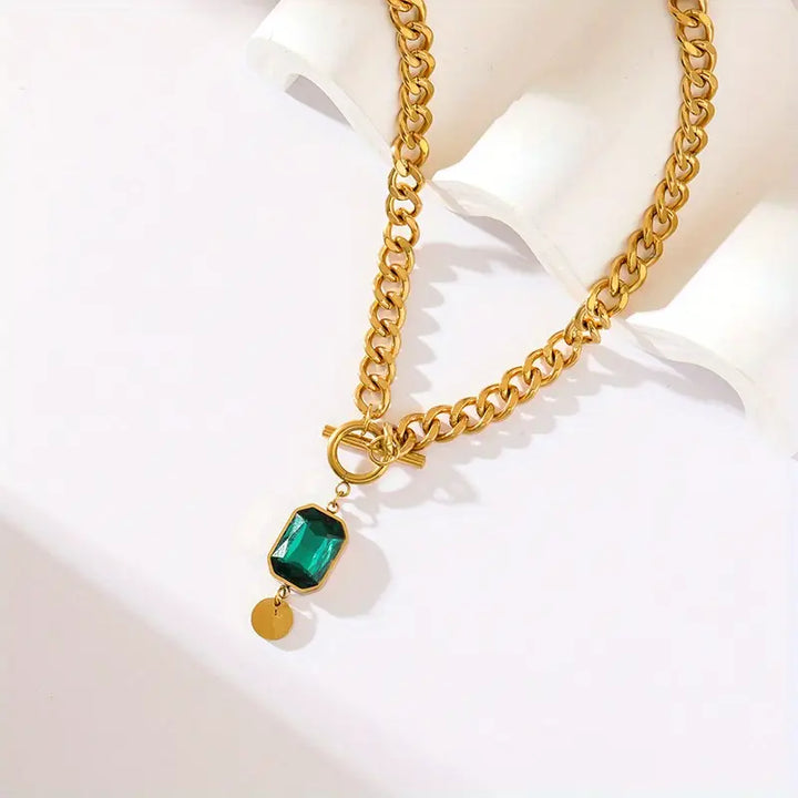 Thick emerald chain pendant necklace | Gold