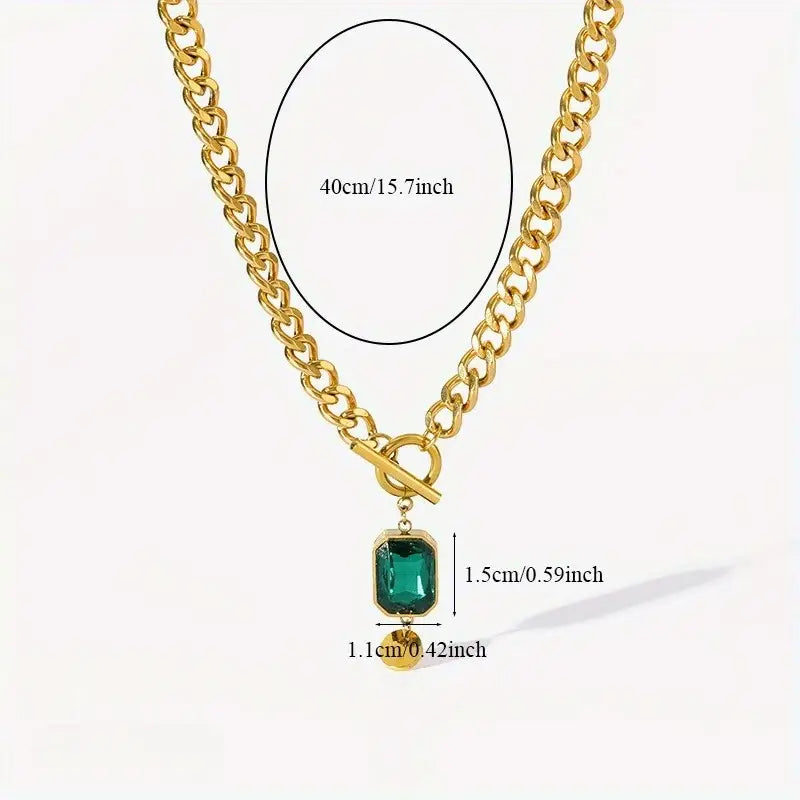 Thick emerald chain pendant necklace | Gold