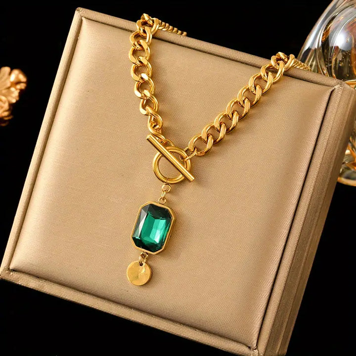 Thick emerald chain pendant necklace | Gold