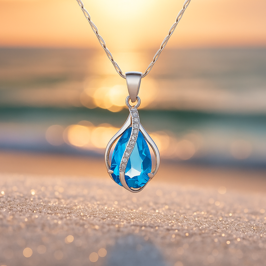 Collier en goutte fait main à brillants bleus | Or
