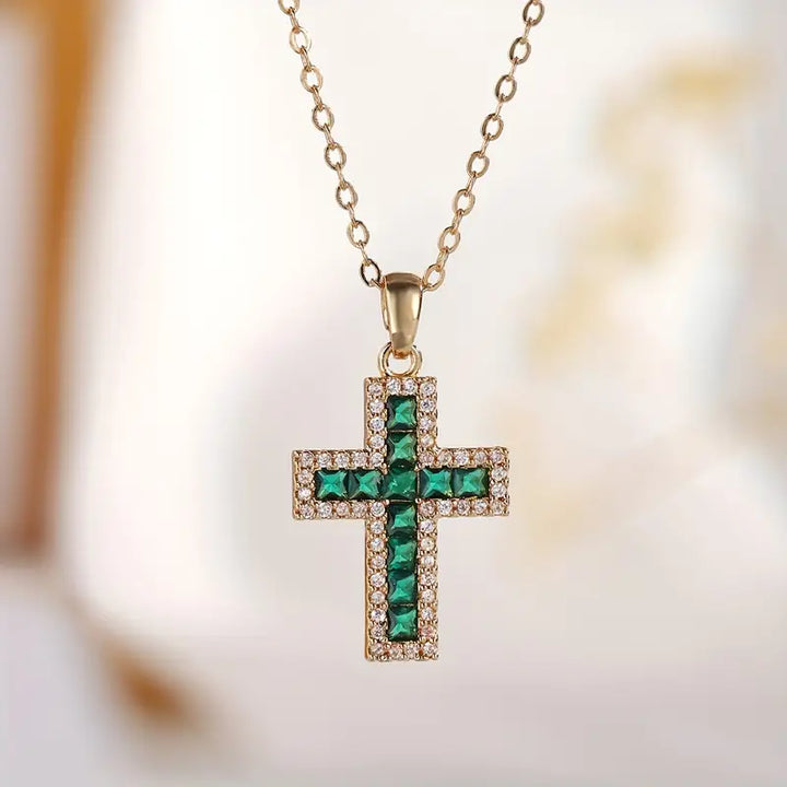 Emerald Cross Necklace | Gold