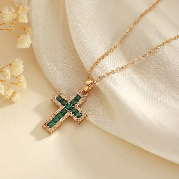 Emerald Cross Necklace | Gold