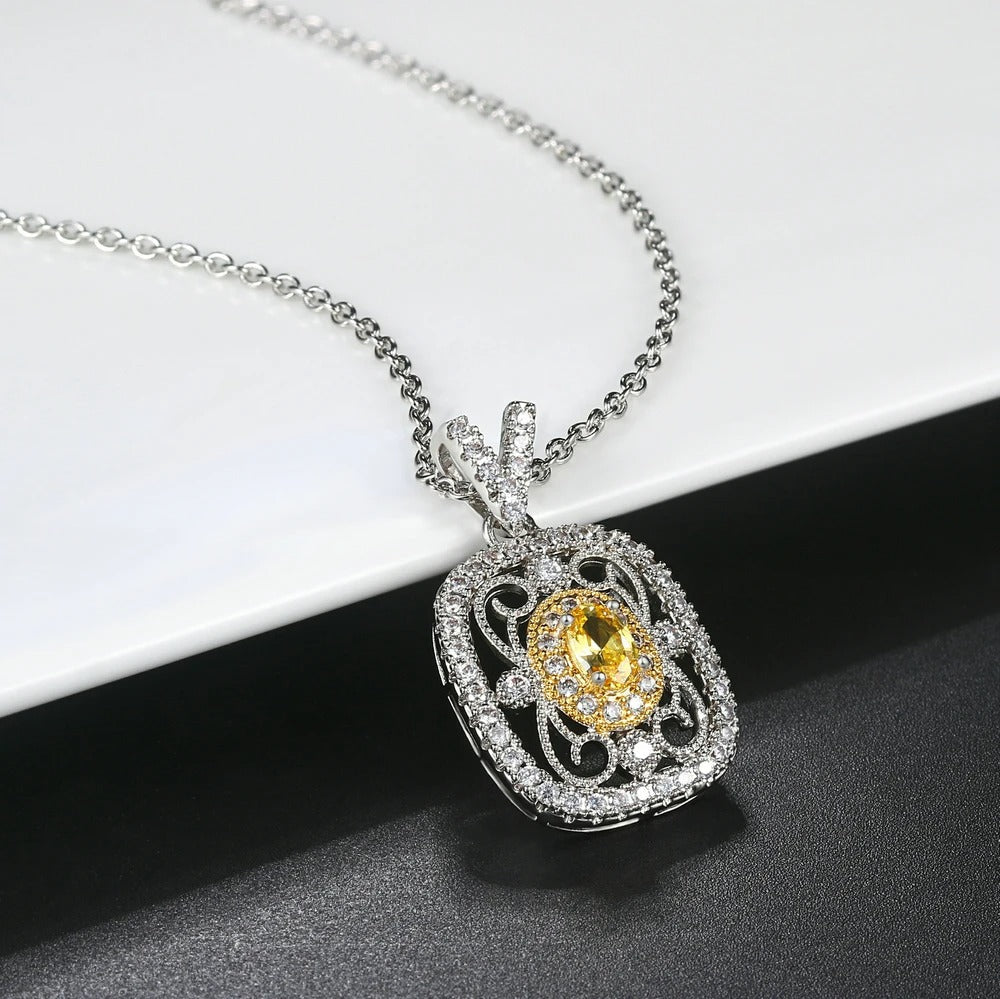 Collier rétro avec pierres précieuses jaunes et cristaux | Or blanc