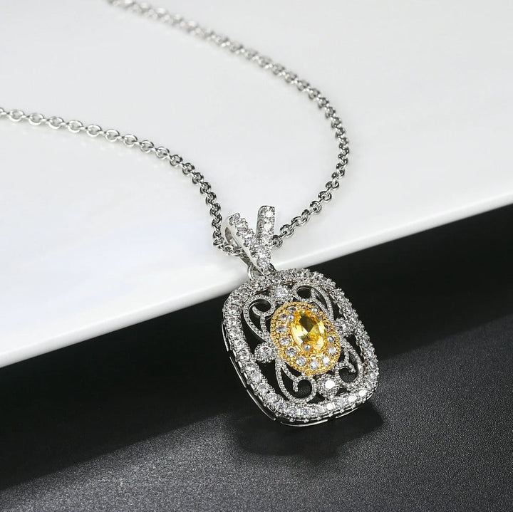 Collier rétro avec pierres précieuses jaunes et cristaux | Or blanc