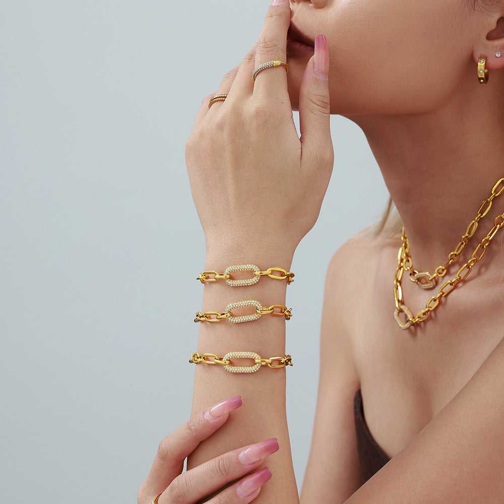 Thick Chain Paved Jewellery Set | Gold