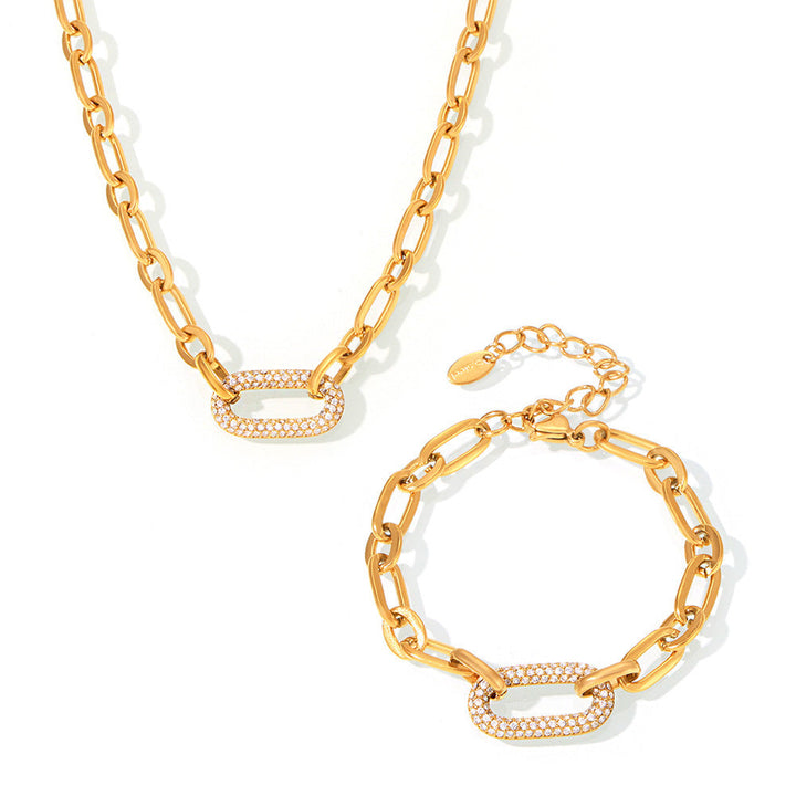 Thick Chain Paved Jewellery Set | Gold