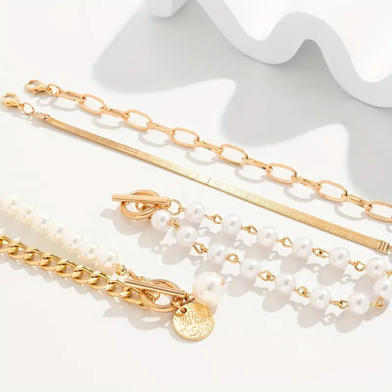 Chic Bracelet Set - Snake, Beads &amp; Links | Gold