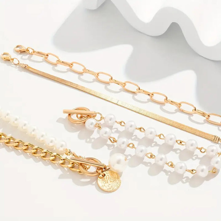 Chic Bracelet Set - Snake, Beads &amp; Links | Gold