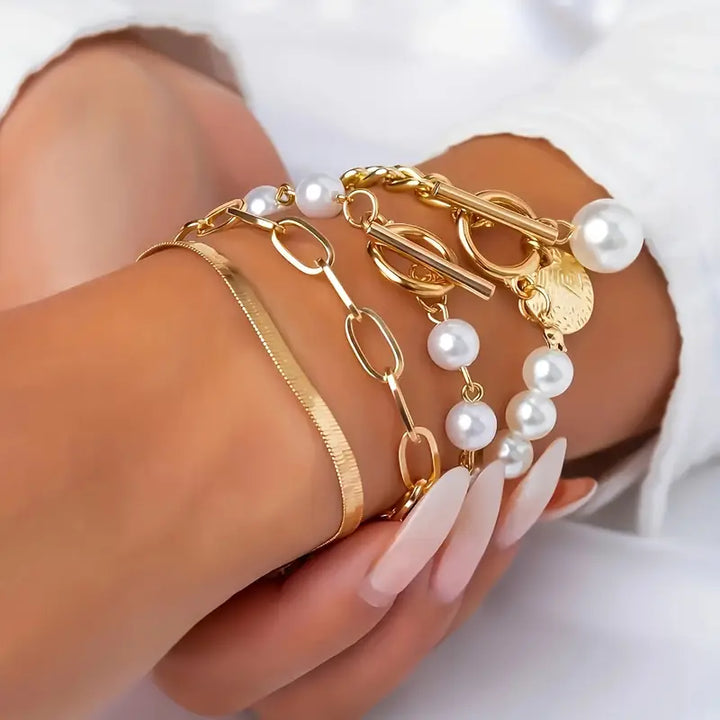 Chic Bracelet Set - Snake, Beads &amp; Links | Gold
