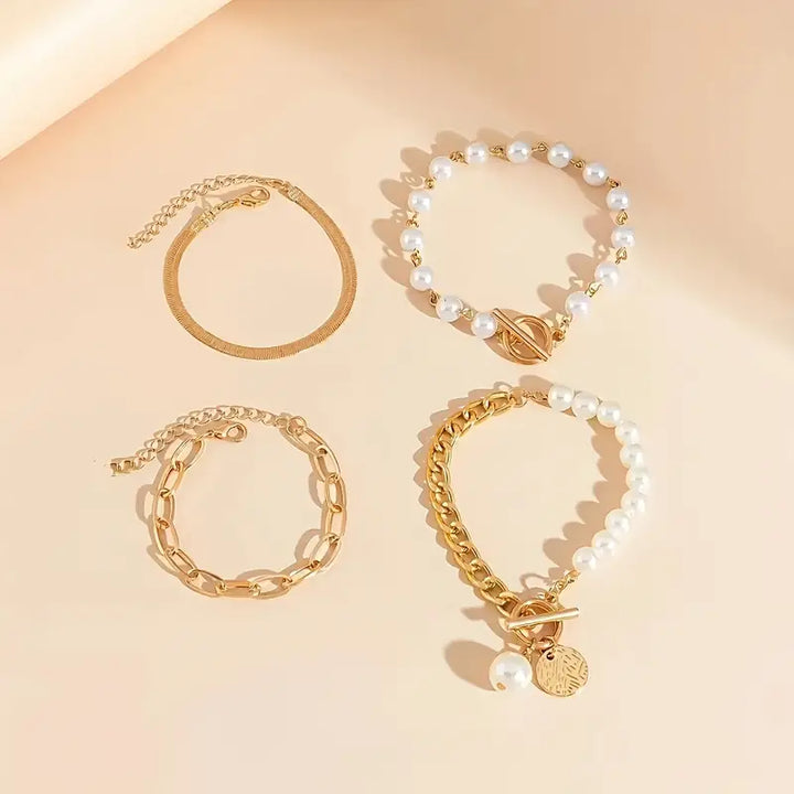 Chic Bracelet Set - Snake, Beads &amp; Links | Gold