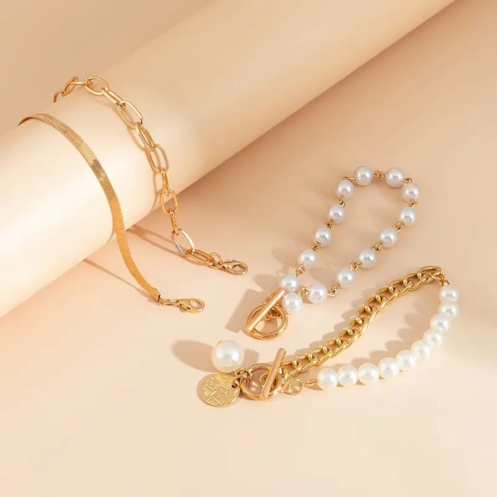 Chic Bracelet Set - Snake, Beads &amp; Links | Gold