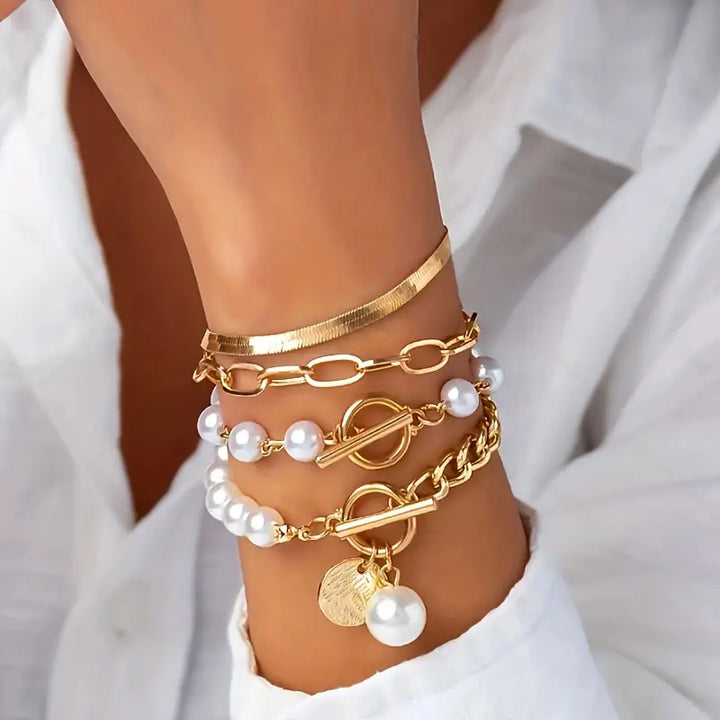 Chic Bracelet Set - Snake, Beads &amp; Links | Gold