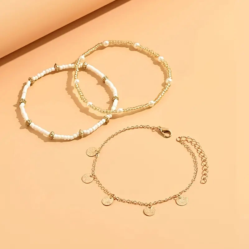 Set of 3 stacked ankle bracelets, coastal charm | Gold