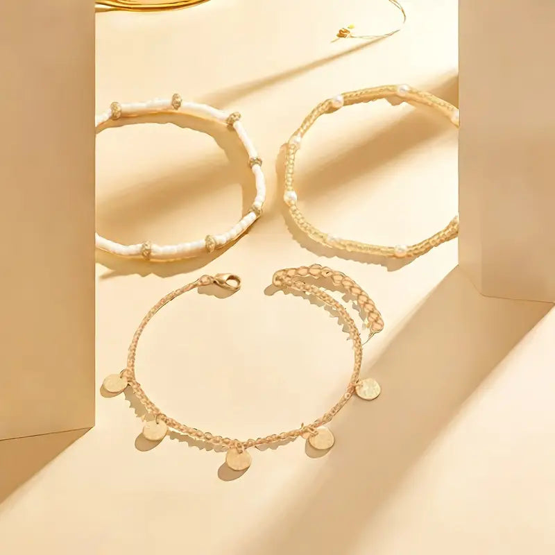 Set of 3 stacked ankle bracelets, coastal charm | Gold