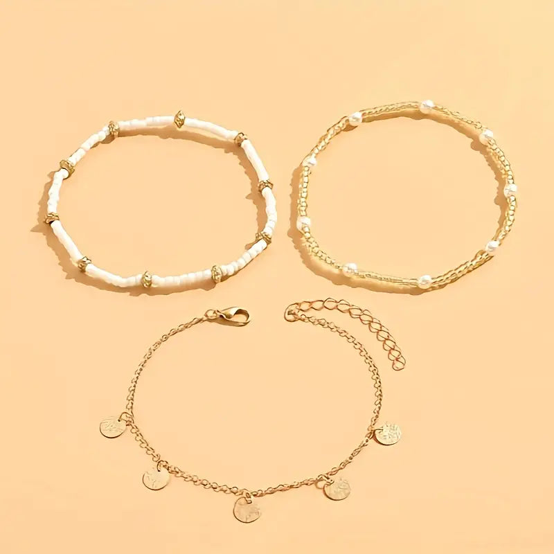 Set of 3 stacked ankle bracelets, coastal charm | Gold